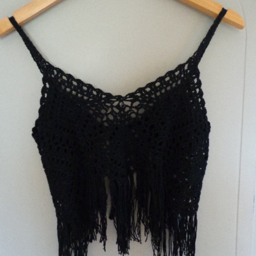 Crocheted Boho Cami Vest Top XS-S Tie Front Fringe - Picture 1 of 14